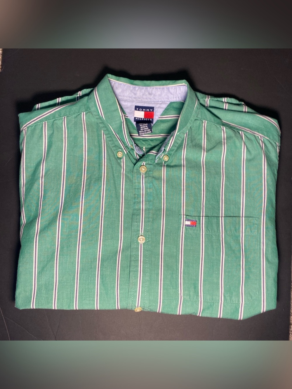Vintage 2000’s Tommy Hilfiger Striped Button-Up Shirt Green Men’s Medium Preppy